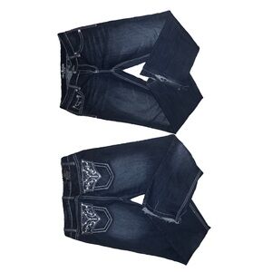 Y2k, bedazzled, low waisted, darkwashed, distressed jeans